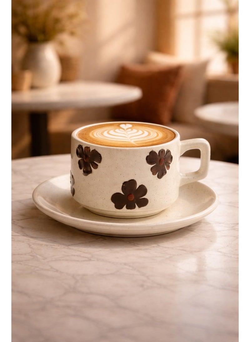 كوب قهوة سيراميك مع قواعد، كوب إسبريسو، كوب قهوة عربية، كوب قهوة تركية، كوب قهوة بمقبض، قاعدة أكواب للمشروبات، مناسب للشاي والقهوة والماتشا والحليب والكابتشينو، 280 مل - Image 1